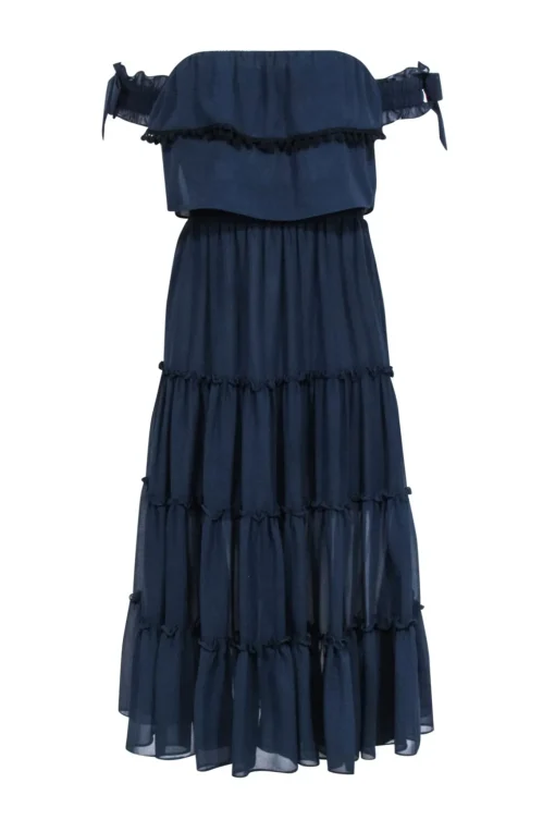 MISA Los Angeles - Navy Ruffle Tiered Off The Shoulder Midi Dress Sz XS