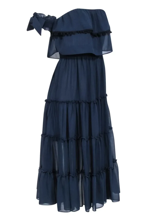 MISA Los Angeles - Navy Ruffle Tiered Off The Shoulder Midi Dress Sz XS