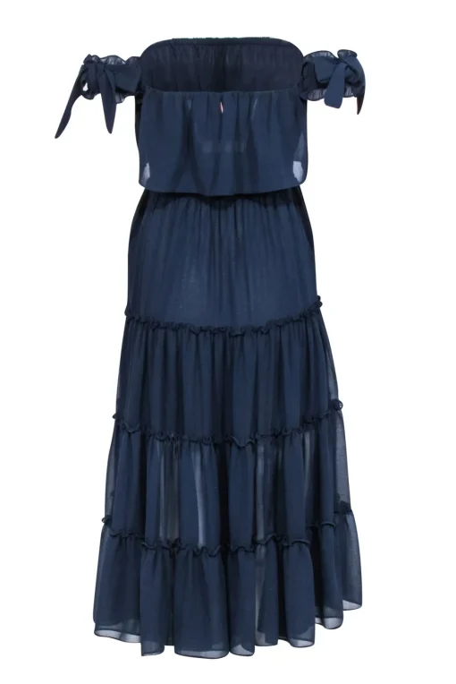 MISA Los Angeles - Navy Ruffle Tiered Off The Shoulder Midi Dress Sz XS
