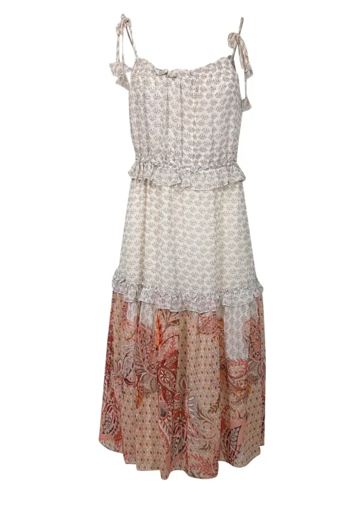 MISA Los Angeles - Pink, Ivory, & Peach Paisley Print Ruffled Midi Dress Sz M