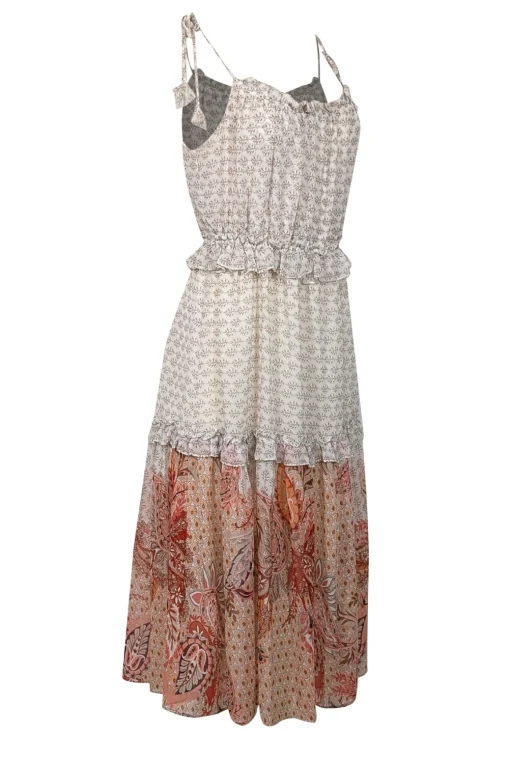MISA Los Angeles - Pink, Ivory, & Peach Paisley Print Ruffled Midi Dress Sz M