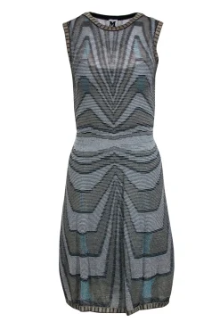 Missoni - Beige, Black & Blue Metallic Chevron Pattern Sleeveless Dress Sz 4