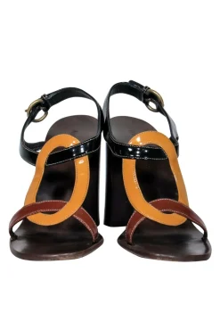 Miu Miu - Brown, Mustard & Black Colorblocked Patent Strappy Wooden Pumps Sz 10