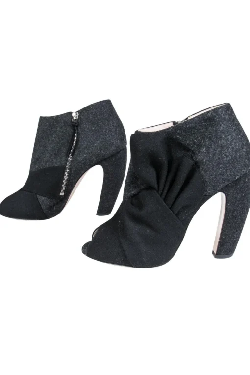 Miu Miu - Dark Grey Wool Open Toe Ankle Booties Sz 10