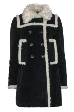 Miu Miu - Navy Ribbed Double Breasted Coat w/ Faux Sherpa Trim Sz 4