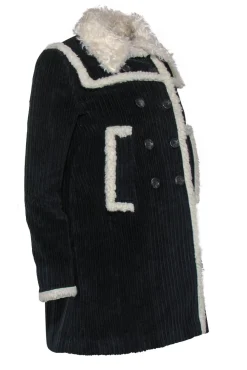 Miu Miu - Navy Ribbed Double Breasted Coat w/ Faux Sherpa Trim Sz 4