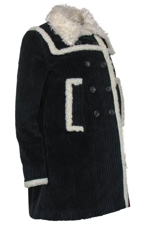Miu Miu - Navy Ribbed Double Breasted Coat w/ Faux Sherpa Trim Sz 4