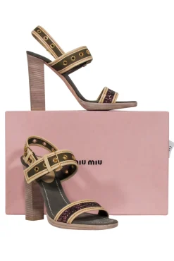 Miu Miu - Olive Green Canvas w/ Purple Glitter Strap Open Toe Pumps Sz 10