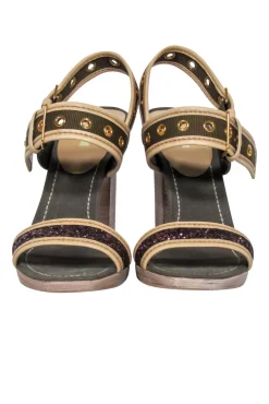 Miu Miu - Olive Green Canvas w/ Purple Glitter Strap Open Toe Pumps Sz 10