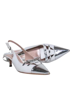 Miu Miu - White & Silver Pointed Toe Slingback Kitten Heels w/ Bows Sz 8.5