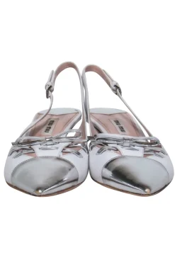 Miu Miu - White & Silver Pointed Toe Slingback Kitten Heels w/ Bows Sz 8.5