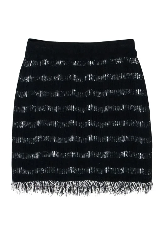 M.M.LaFleur - Black & White Woven Knit Fringe Hem Skirt Sz XS