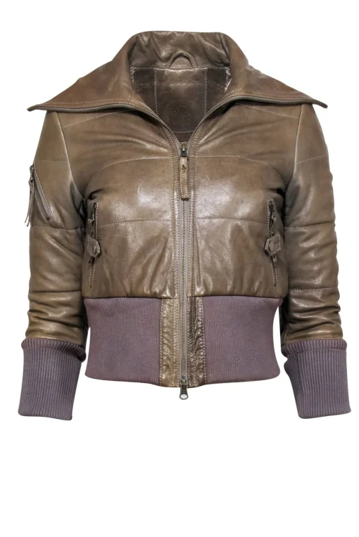 Modern Vintage - Olive Lamb Leather Puff Bomber Jacket Sz XS
