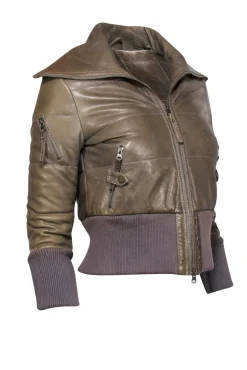 Modern Vintage - Olive Lamb Leather Puff Bomber Jacket Sz XS