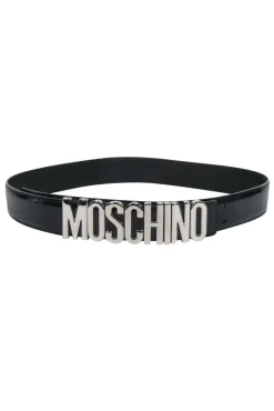 Moschino - Black Patent Leather Belt w/ Lettering Logo Sz 12
