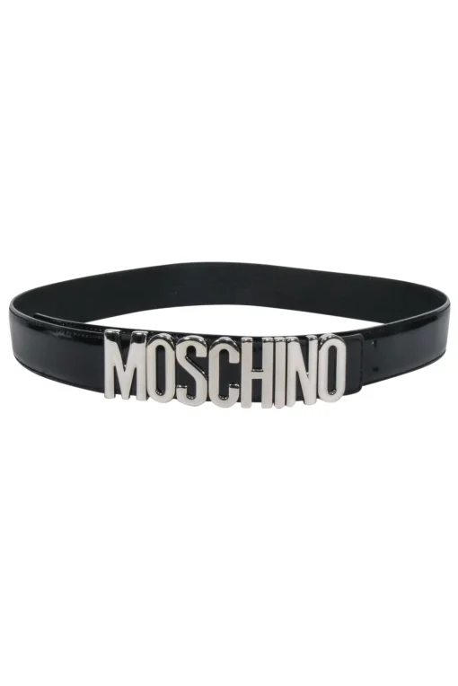 Moschino - Black Patent Leather Belt w/ Lettering Logo Sz 12