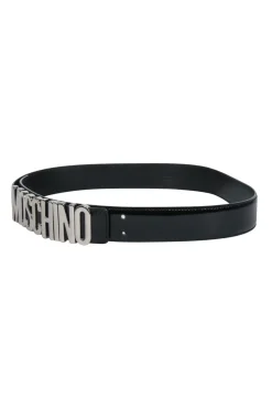 Moschino - Black Patent Leather Belt w/ Lettering Logo Sz 12