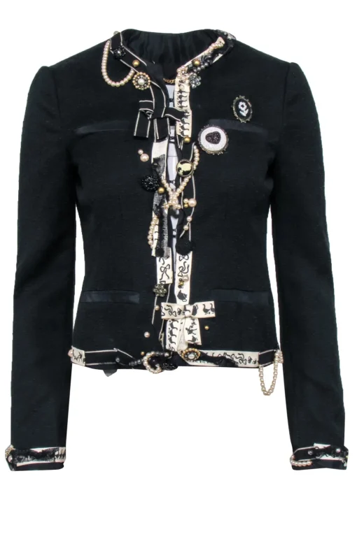 Moschino - Black Tweed Pearl & Trim Embellished Blazer Sz 6