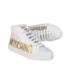 Moschino - White Canvas High Top Sneakers w/ Gold Lettering Sz 7