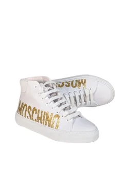 Moschino - White Canvas High Top Sneakers w/ Gold Lettering Sz 7
