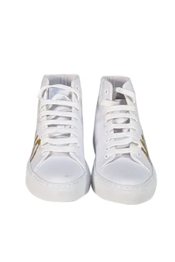 Moschino - White Canvas High Top Sneakers w/ Gold Lettering Sz 7