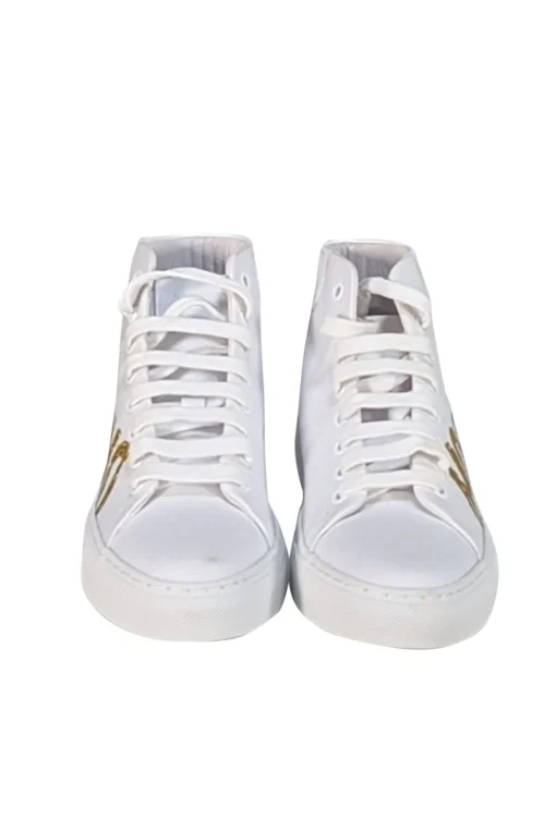 Moschino - White Canvas High Top Sneakers w/ Gold Lettering Sz 7