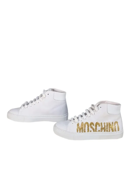 Moschino - White Canvas High Top Sneakers w/ Gold Lettering Sz 7