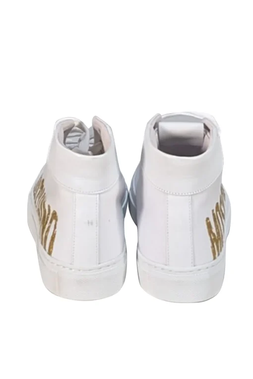 Moschino - White Canvas High Top Sneakers w/ Gold Lettering Sz 7