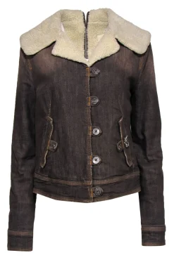 Moschino Jeans - Brown Faux Sherpa Lined Denim Jacket w/ Jeweled Logo Embellishment Sz 14