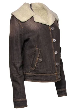 Moschino Jeans - Brown Faux Sherpa Lined Denim Jacket w/ Jeweled Logo Embellishment Sz 14