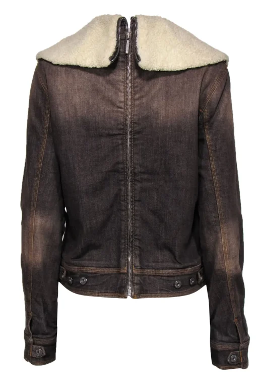 Moschino Jeans - Brown Faux Sherpa Lined Denim Jacket w/ Jeweled Logo Embellishment Sz 14
