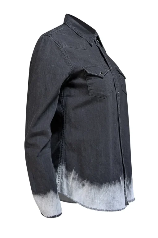 MOTHER - Black Denim Button Up Shirt w/ Acid Washed Raw Hem Sz M
