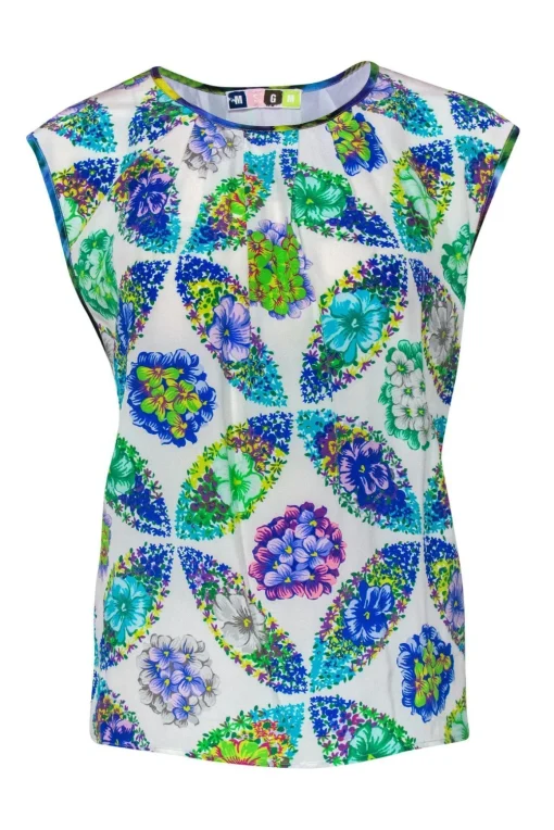 MSGM - White & Green Floral Print Silk Tank Sz S