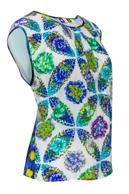 MSGM - White & Green Floral Print Silk Tank Sz S