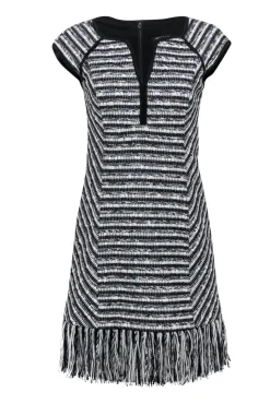 Nanette Lepore - Black & White Tweed "Lawless" Shift Dress w/ Fringe Hem Sz 6