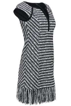 Nanette Lepore - Black & White Tweed "Lawless" Shift Dress w/ Fringe Hem Sz 6