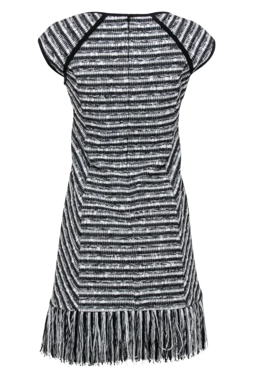 Nanette Lepore - Black & White Tweed "Lawless" Shift Dress w/ Fringe Hem Sz 6