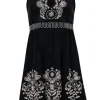 Nanette Lepore - Black Silk Fit & Flare Dress w/ Beige Embroidery & Keyhole Cutout Sz 2
