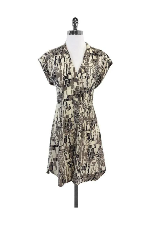 Nanette Lepore - Cream & Tan Print Button-Up Dress Sz 2