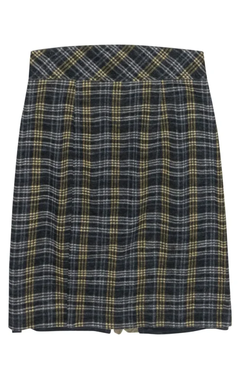 Nanette Lepore - Grey, Blue & Yellow Plaid Wool Pencil Skirt Sz 4