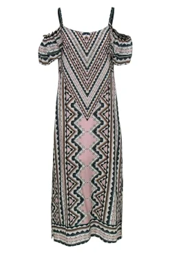 Nanette Lepore - Pink, White & Teal Aztec Print Cold Shoulder Silk Maxi Dress Sz 2