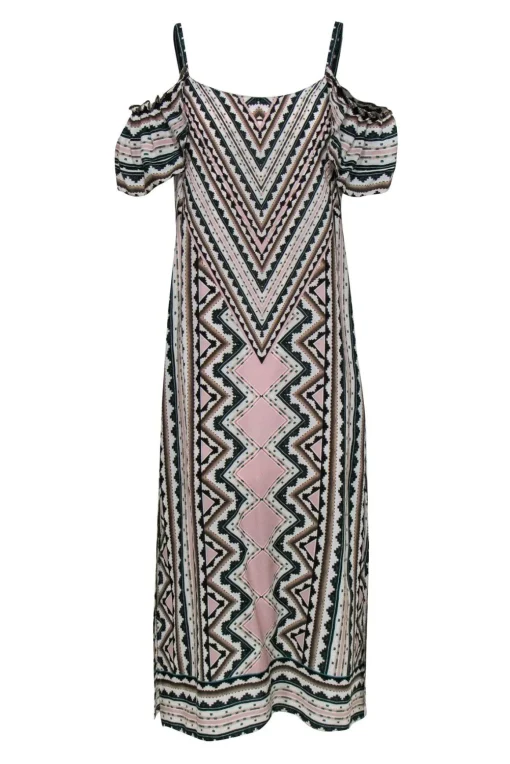 Nanette Lepore - Pink, White & Teal Aztec Print Cold Shoulder Silk Maxi Dress Sz 2