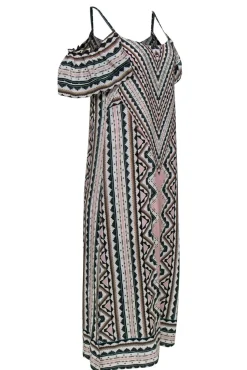 Nanette Lepore - Pink, White & Teal Aztec Print Cold Shoulder Silk Maxi Dress Sz 2