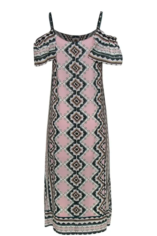 Nanette Lepore - Pink, White & Teal Aztec Print Cold Shoulder Silk Maxi Dress Sz 2