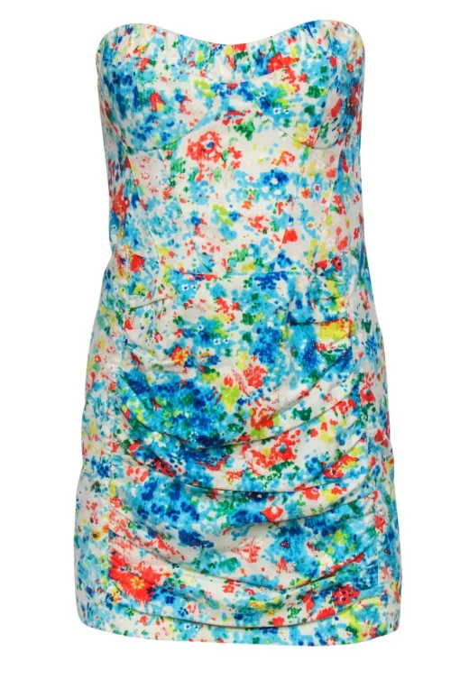 Nanette Lepore - White & Multicolor Printed Strapless Ruched Dress Sz 2