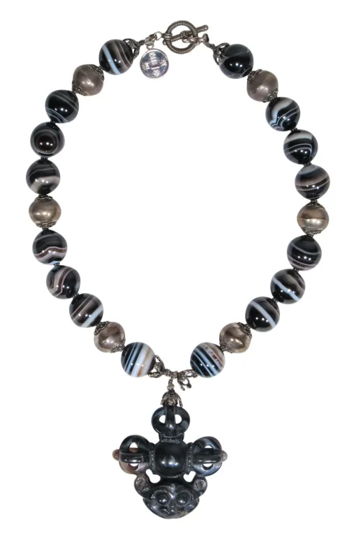 Natalie Baroni - Black Bauble Gemstone Necklace w/ Monkey Pendant