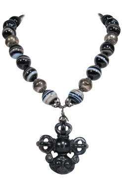 Natalie Baroni - Black Bauble Gemstone Necklace w/ Monkey Pendant