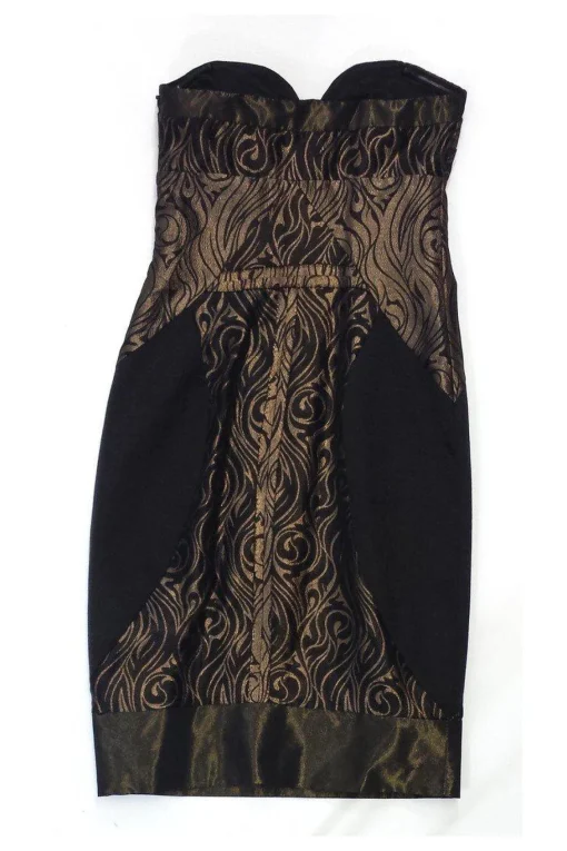 Nicole Miller - Black & Bronze Print Strapless Dress Sz 0