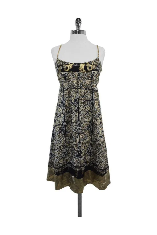 Nicole Miller - Black & Gold Print Silk Dress Sz 6