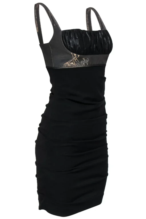 Nicole Miller - Black & Gold Ruched Empire Waist Bodycon Dress Sz 4